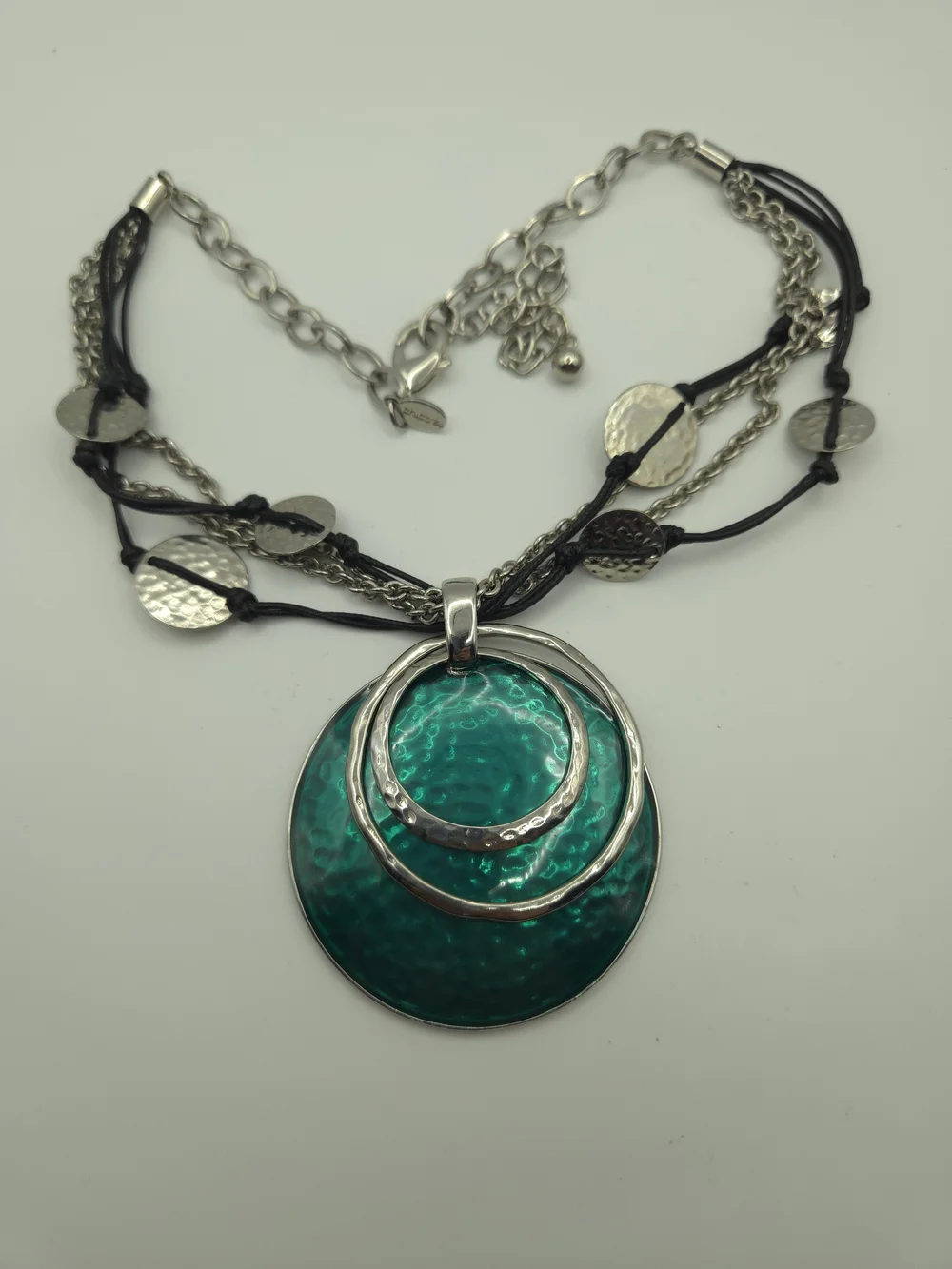 Chico's Green Teal Silver Layered Disc Pendant Necklace Mermaid Boho Bold Chic